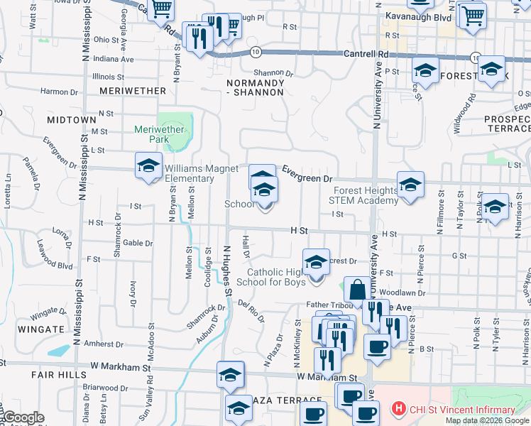 map of restaurants, bars, coffee shops, grocery stores, and more near 6700 H Street in Little Rock