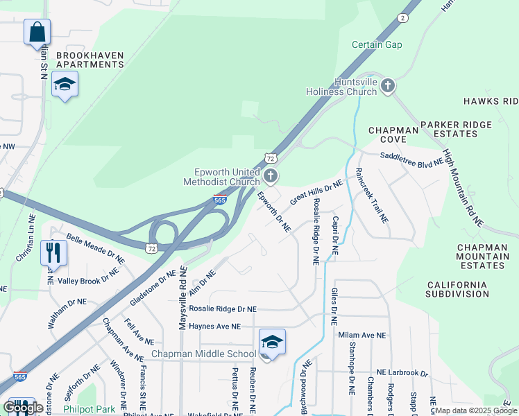 map of restaurants, bars, coffee shops, grocery stores, and more near 2111 Epworth Drive Northeast in Huntsville