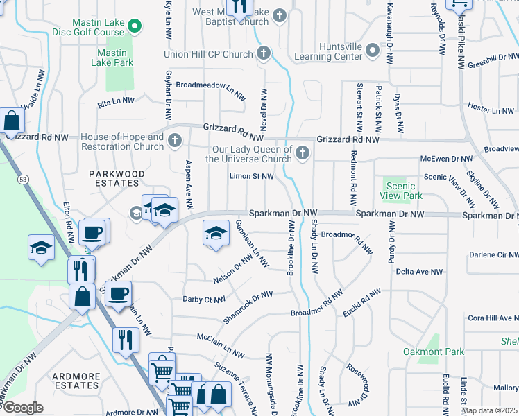 map of restaurants, bars, coffee shops, grocery stores, and more near 2604 Pitkin Lane Northwest in Huntsville