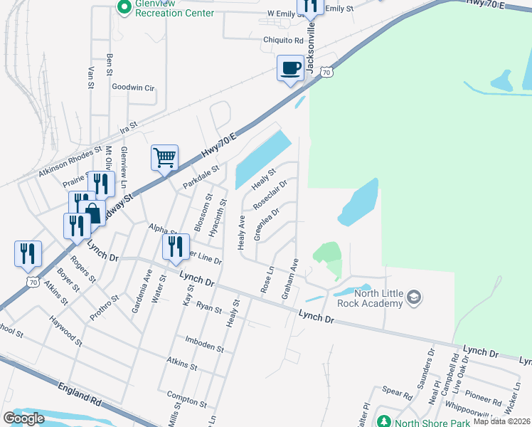 map of restaurants, bars, coffee shops, grocery stores, and more near 932 Roseclair Drive in North Little Rock