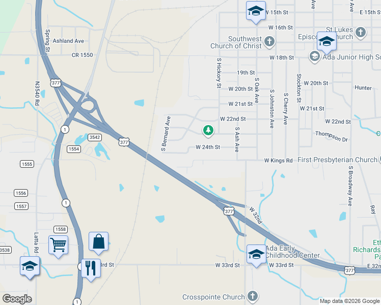 map of restaurants, bars, coffee shops, grocery stores, and more near 910 West 24th Street in Ada