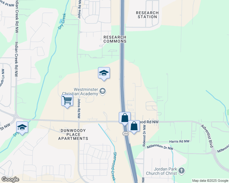 map of restaurants, bars, coffee shops, grocery stores, and more near 5736 Oakwood Road Northwest in Huntsville