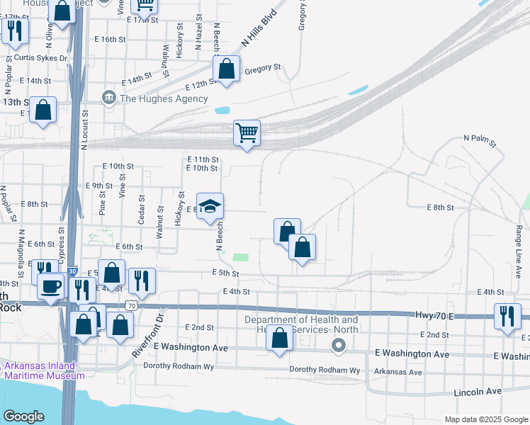 map of restaurants, bars, coffee shops, grocery stores, and more near 1501 East 8th Street in North Little Rock