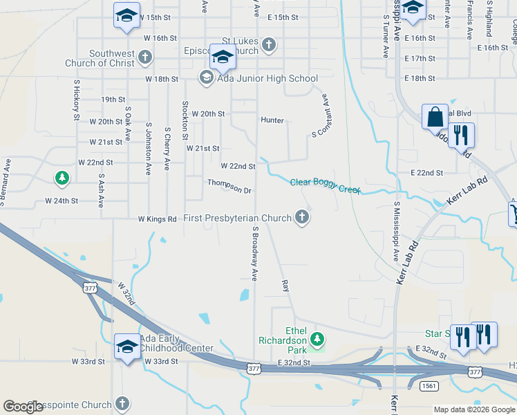 map of restaurants, bars, coffee shops, grocery stores, and more near 110 East Kings Road in Ada