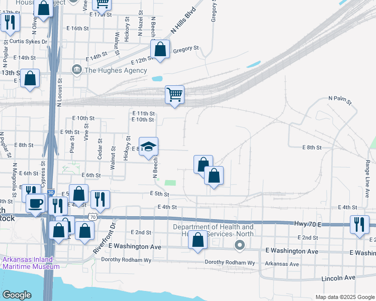 map of restaurants, bars, coffee shops, grocery stores, and more near 1301 East 8th Street in North Little Rock