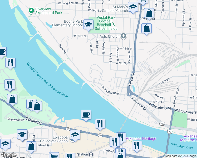 map of restaurants, bars, coffee shops, grocery stores, and more near 1601 Rockwater Boulevard in North Little Rock