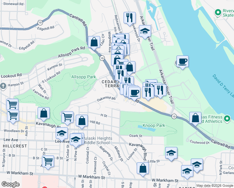 map of restaurants, bars, coffee shops, grocery stores, and more near 17 Oakwood Road in Little Rock