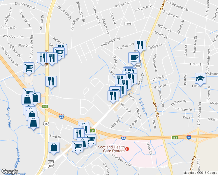 map of restaurants, bars, coffee shops, grocery stores, and more near 1331 Sunset Drive in Laurinburg