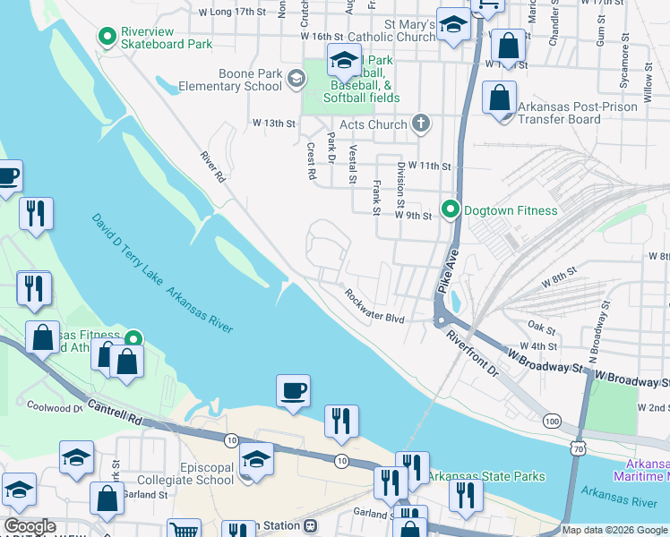 map of restaurants, bars, coffee shops, grocery stores, and more near 1601 Rockwater Boulevard in North Little Rock