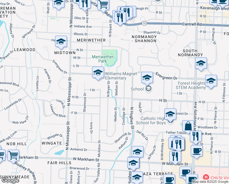 map of restaurants, bars, coffee shops, grocery stores, and more near 920 Mellon Street in Little Rock