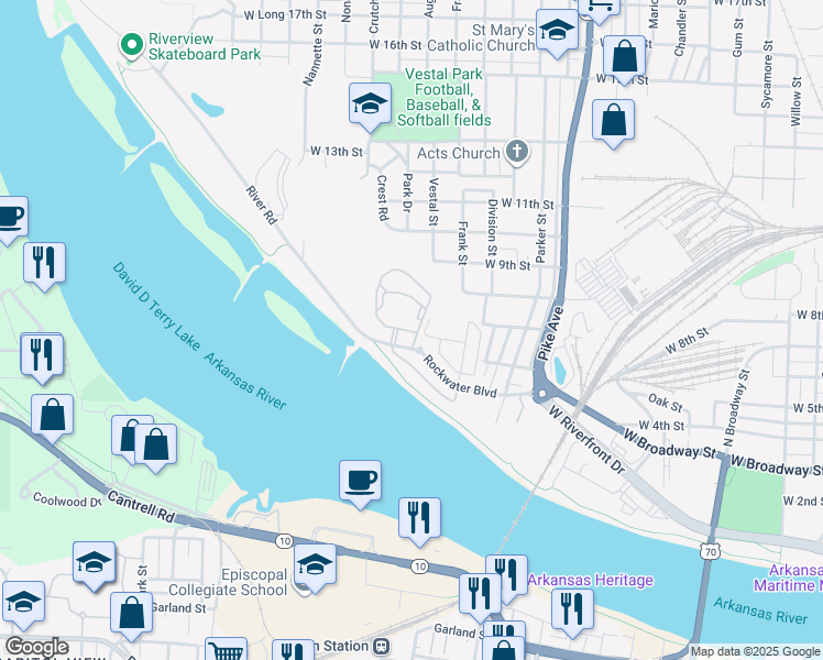 map of restaurants, bars, coffee shops, grocery stores, and more near 1601 Rockwater Boulevard in North Little Rock