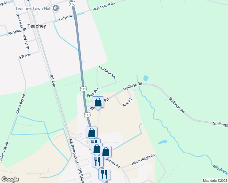 map of restaurants, bars, coffee shops, grocery stores, and more near 456 Stallings Road in Teachey