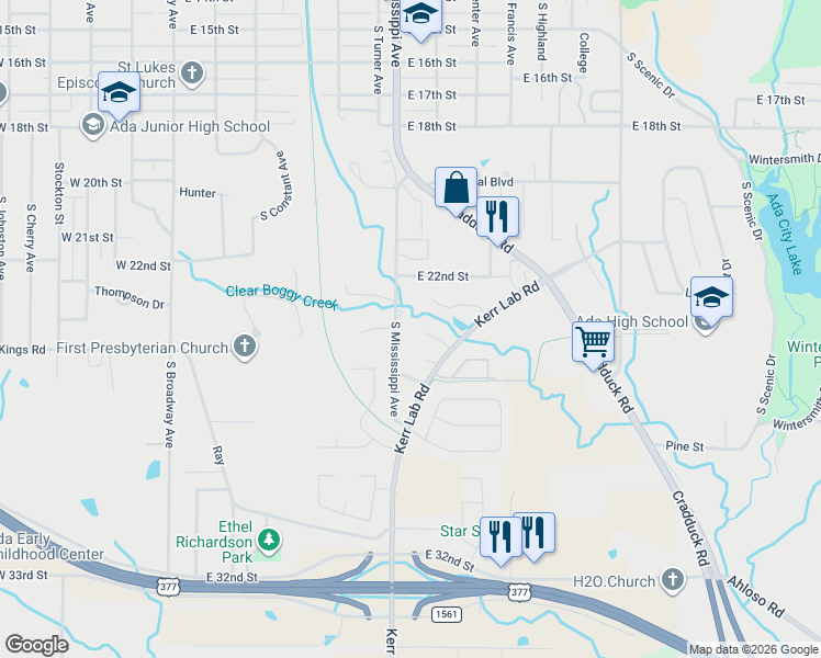 map of restaurants, bars, coffee shops, grocery stores, and more near 802 Maple Street in Ada