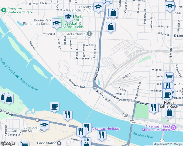 map of restaurants, bars, coffee shops, grocery stores, and more near 1200 West 7th Street in North Little Rock