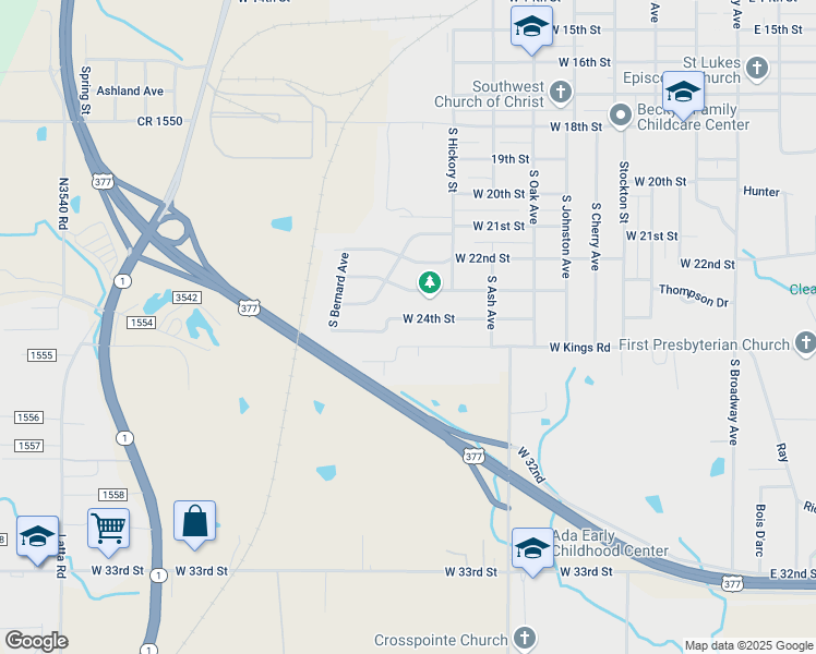 map of restaurants, bars, coffee shops, grocery stores, and more near 824 West 24th Street in Ada
