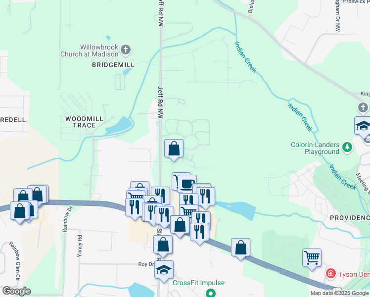 map of restaurants, bars, coffee shops, grocery stores, and more near 2433 Old Fairway Road in Huntsville