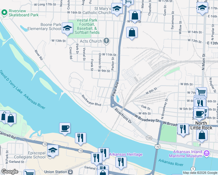 map of restaurants, bars, coffee shops, grocery stores, and more near 1200 West 7th Street in North Little Rock