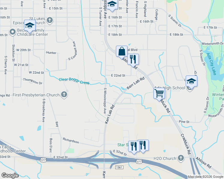 map of restaurants, bars, coffee shops, grocery stores, and more near 802 Maple Street in Ada