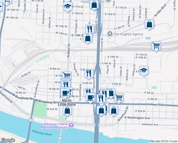 map of restaurants, bars, coffee shops, grocery stores, and more near 411 East 8th Street in North Little Rock