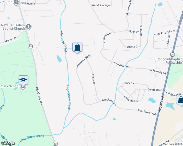 map of restaurants, bars, coffee shops, grocery stores, and more near 20 Ellcon Drive in Greenville