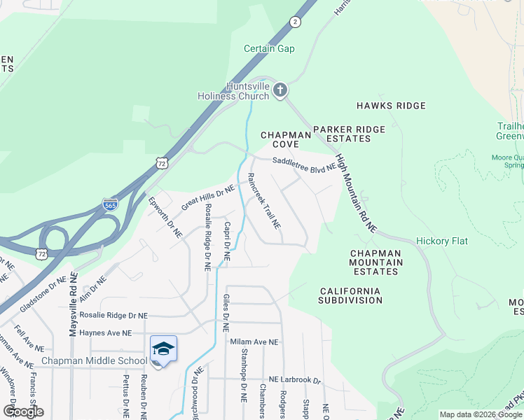 map of restaurants, bars, coffee shops, grocery stores, and more near 2601 Spicewood Trail Northeast in Huntsville