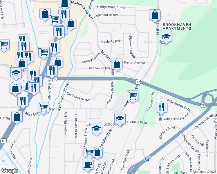 map of restaurants, bars, coffee shops, grocery stores, and more near 2811 Academy Drive Northwest in Huntsville