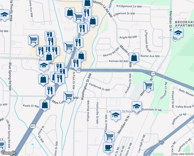 map of restaurants, bars, coffee shops, grocery stores, and more near 631 Laurel Drive Northwest in Huntsville