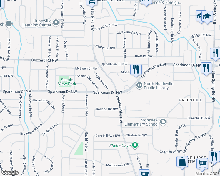 map of restaurants, bars, coffee shops, grocery stores, and more near 2606 Skyline Drive Northwest in Huntsville