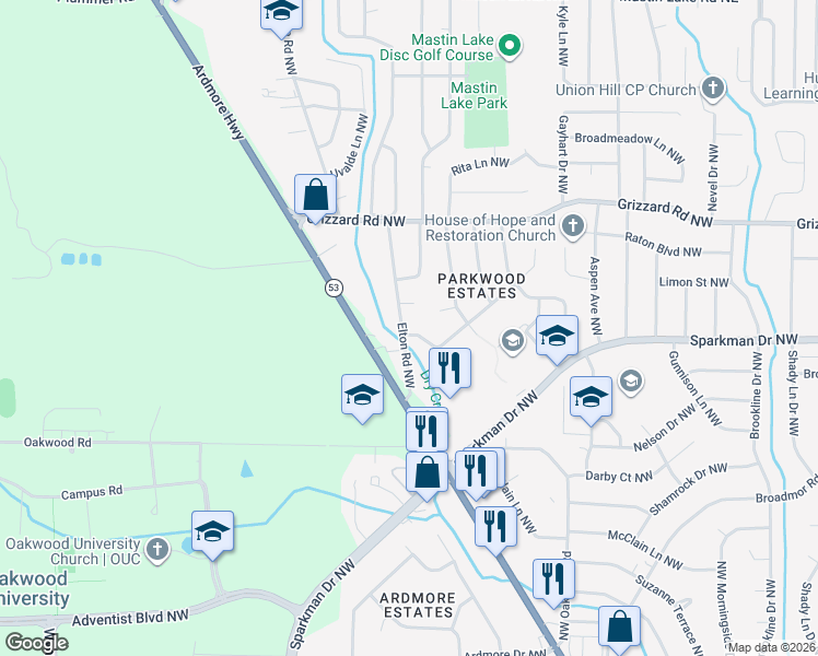 map of restaurants, bars, coffee shops, grocery stores, and more near 2531 Elton Road Northwest in Huntsville
