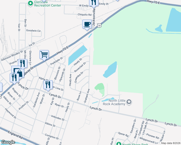 map of restaurants, bars, coffee shops, grocery stores, and more near 909 Graham Avenue in North Little Rock