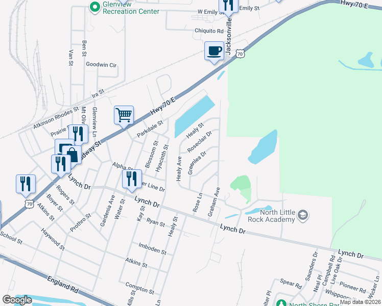 map of restaurants, bars, coffee shops, grocery stores, and more near 932 Roseclair Drive in North Little Rock