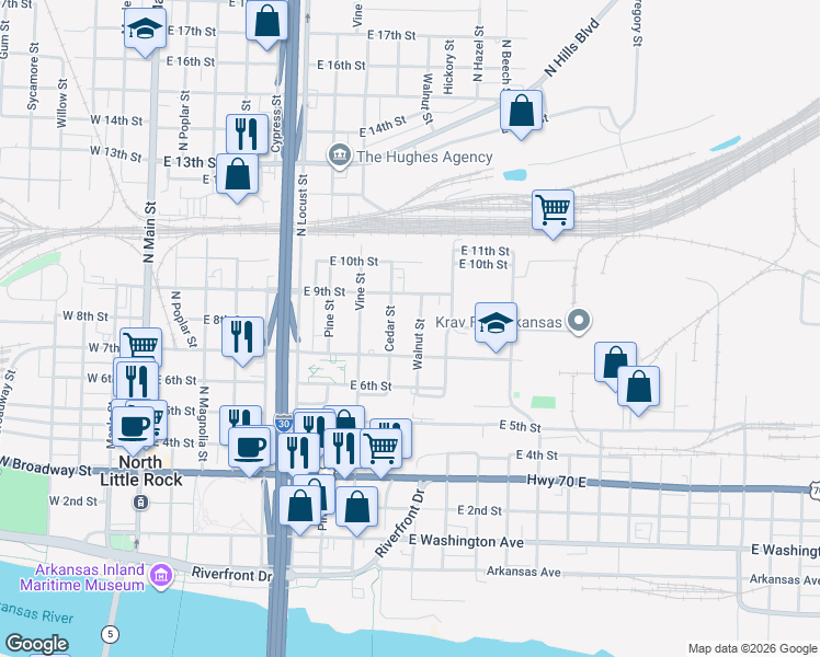 map of restaurants, bars, coffee shops, grocery stores, and more near 800 Cedar Street in North Little Rock