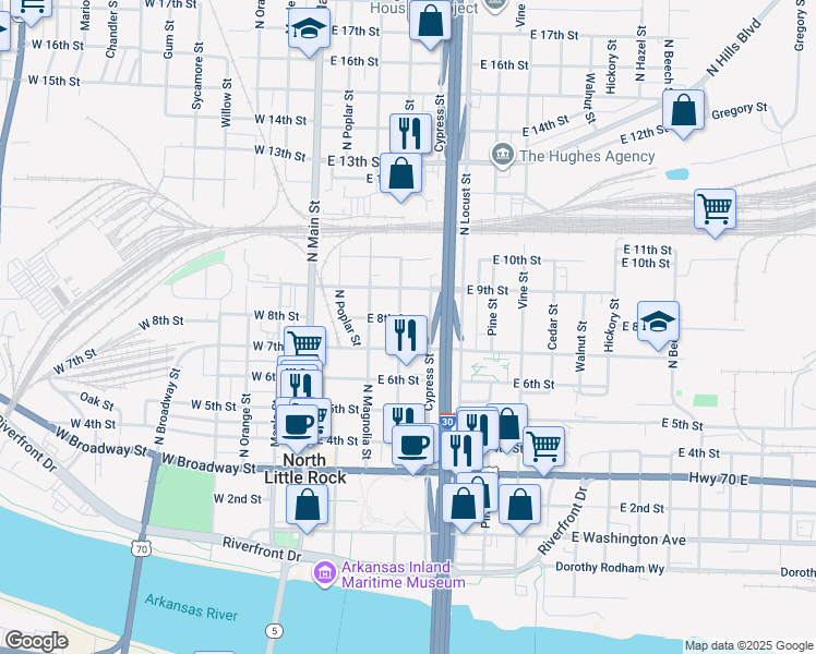 map of restaurants, bars, coffee shops, grocery stores, and more near 411 East 8th Street in North Little Rock