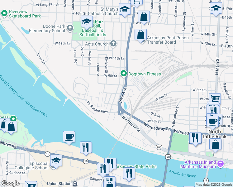map of restaurants, bars, coffee shops, grocery stores, and more near 707 Parker Street in North Little Rock
