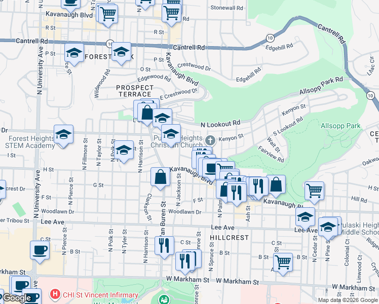map of restaurants, bars, coffee shops, grocery stores, and more near 1020 North Monroe Street in Little Rock