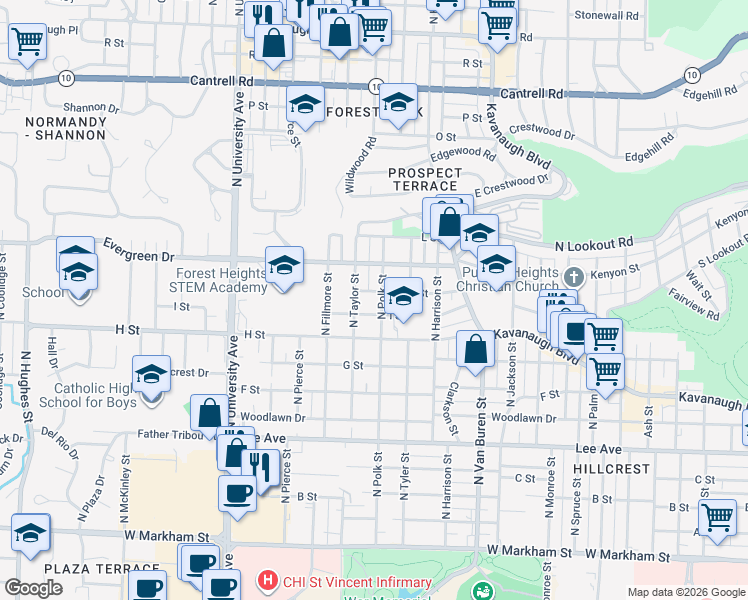 map of restaurants, bars, coffee shops, grocery stores, and more near 5525 J Street in Little Rock