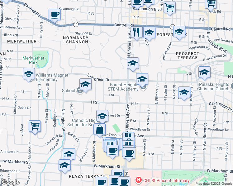 map of restaurants, bars, coffee shops, grocery stores, and more near 1019 North Arthur Street in Little Rock