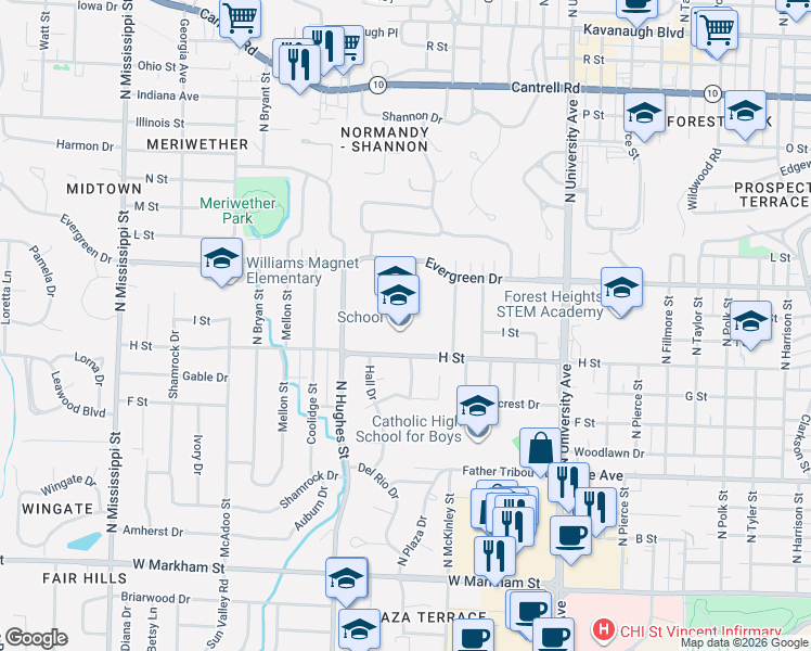 map of restaurants, bars, coffee shops, grocery stores, and more near 6700 H Street in Little Rock