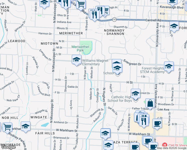 map of restaurants, bars, coffee shops, grocery stores, and more near 1000 Mellon Street in Little Rock