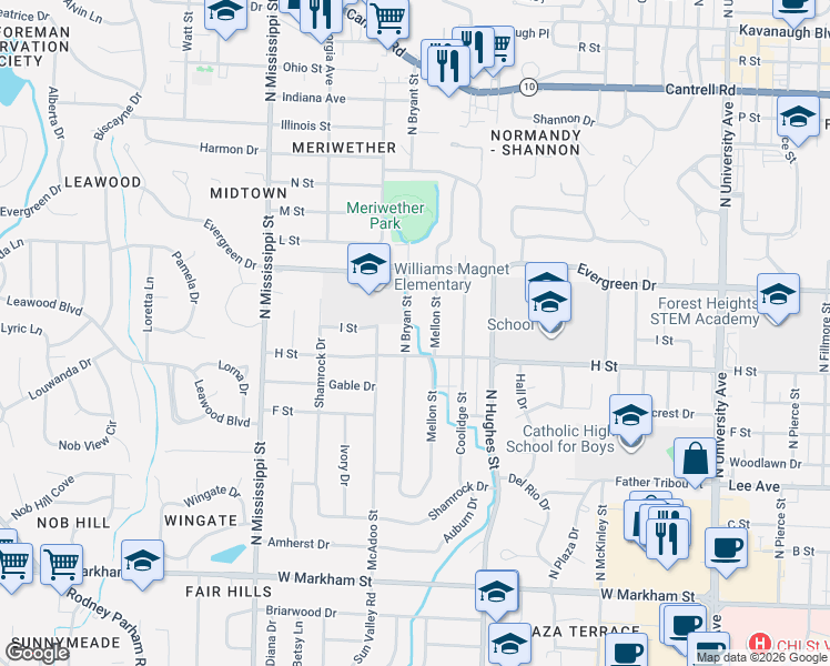 map of restaurants, bars, coffee shops, grocery stores, and more near 1000 Mellon Street in Little Rock
