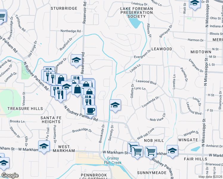 map of restaurants, bars, coffee shops, grocery stores, and more near 14 Arrow Ridge Court in Little Rock