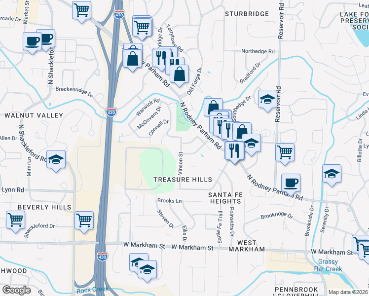 map of restaurants, bars, coffee shops, grocery stores, and more near 808 Vinson Street in Little Rock