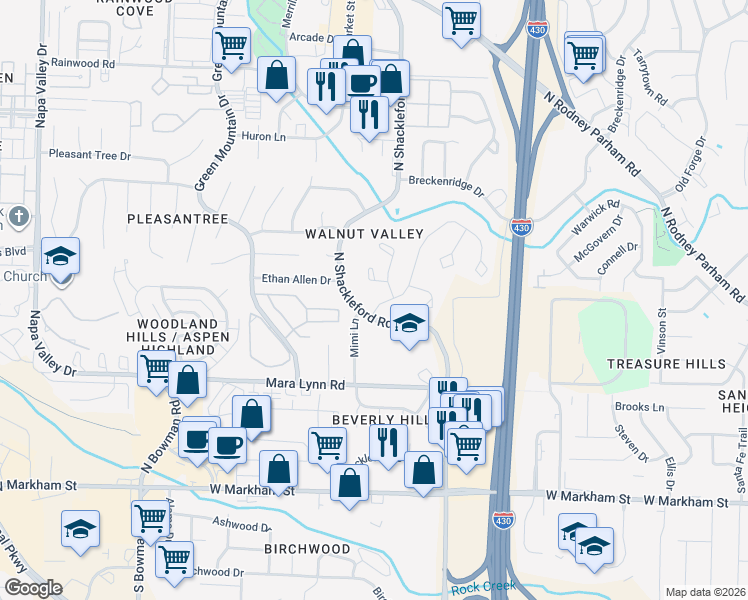 map of restaurants, bars, coffee shops, grocery stores, and more near 11019 Westpoint Court in Little Rock