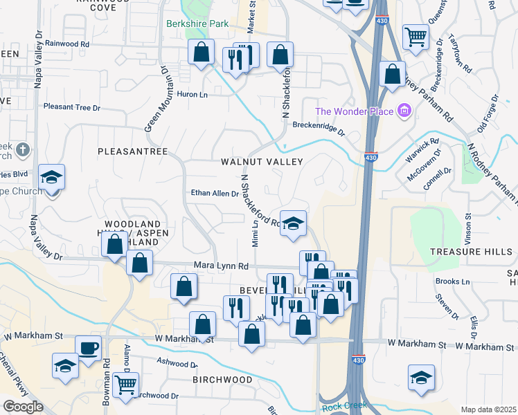 map of restaurants, bars, coffee shops, grocery stores, and more near 11019 Westpoint Court in Little Rock