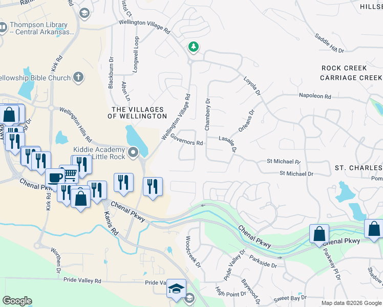 map of restaurants, bars, coffee shops, grocery stores, and more near 15010 Lamplight Way in Little Rock