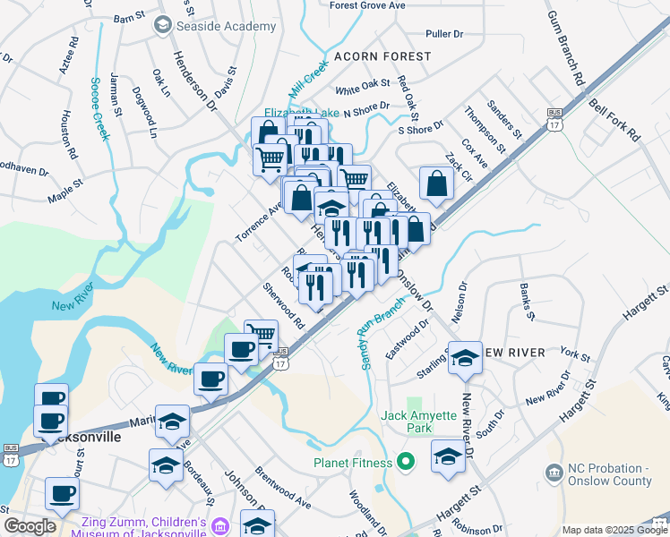 map of restaurants, bars, coffee shops, grocery stores, and more near 113 Henderson Drive in Jacksonville