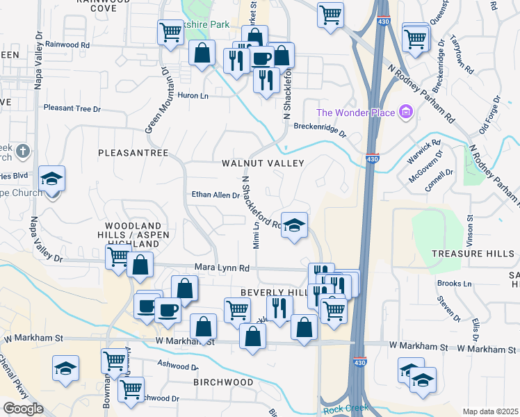 map of restaurants, bars, coffee shops, grocery stores, and more near 11019 Westpoint Court in Little Rock