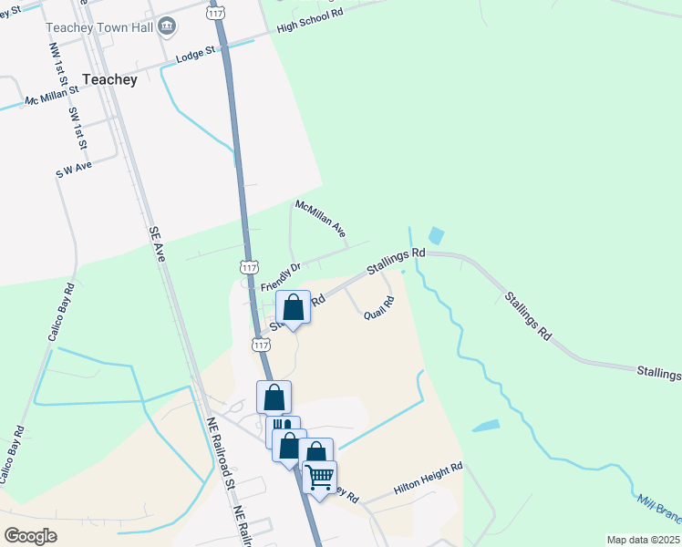 map of restaurants, bars, coffee shops, grocery stores, and more near 456 Stallings Road in Teachey