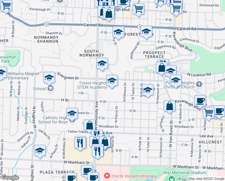 map of restaurants, bars, coffee shops, grocery stores, and more near 5901 Evergreen Drive in Little Rock