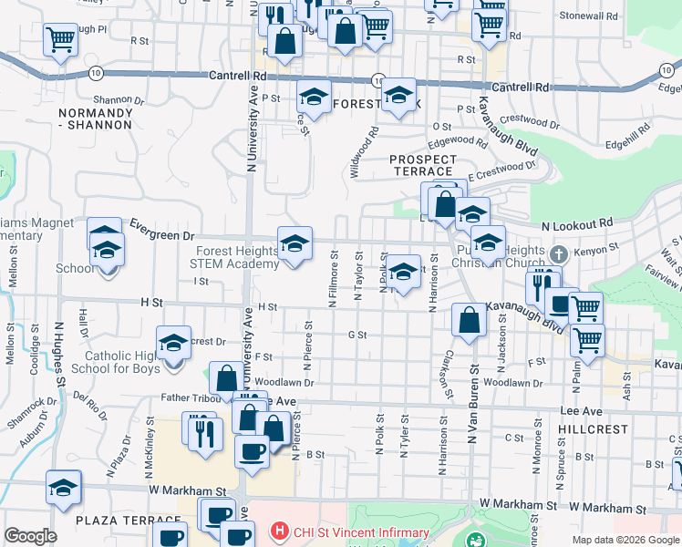 map of restaurants, bars, coffee shops, grocery stores, and more near 1017 North Fillmore Street in Little Rock